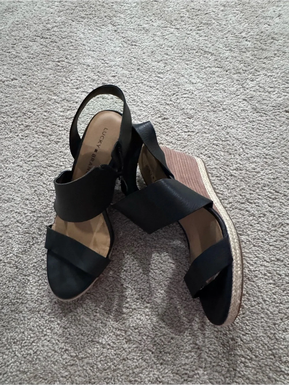 Lucky Brand Black Leather Crisscross Platform Wedge Sandals Women’s Size 8.5